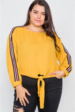 Plus Size Color Block Sleeve Front Knot Semi-sheer Top