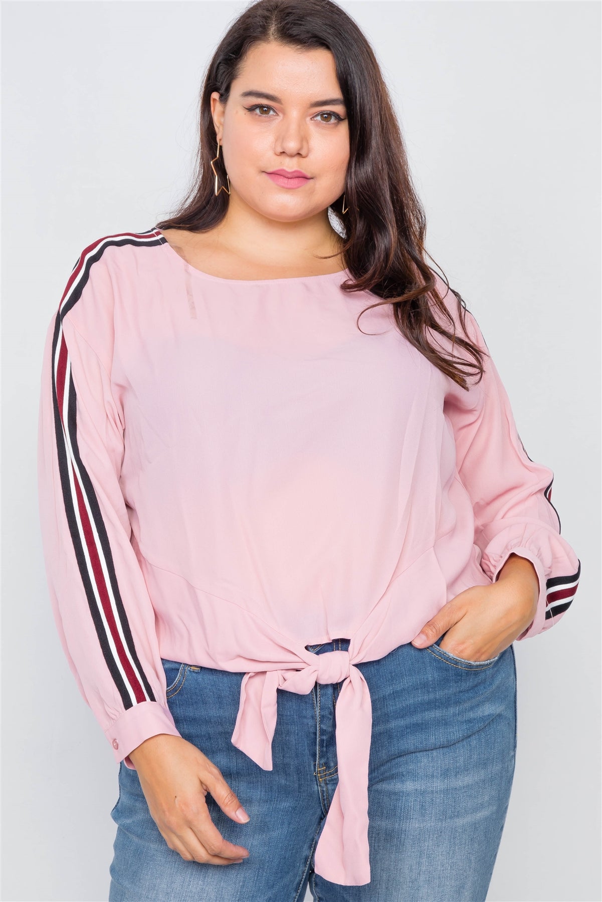 Plus Size Color Block Sleeve Front Knot Semi-sheer Top