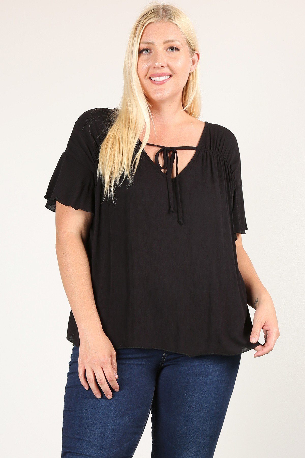 Plus Size Solid Top With A Necktie, Pleated Detail, And Flutter Sleeves