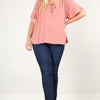 Plus Size Solid Top With A Necktie, Pleated Detail, And Flutter Sleeves