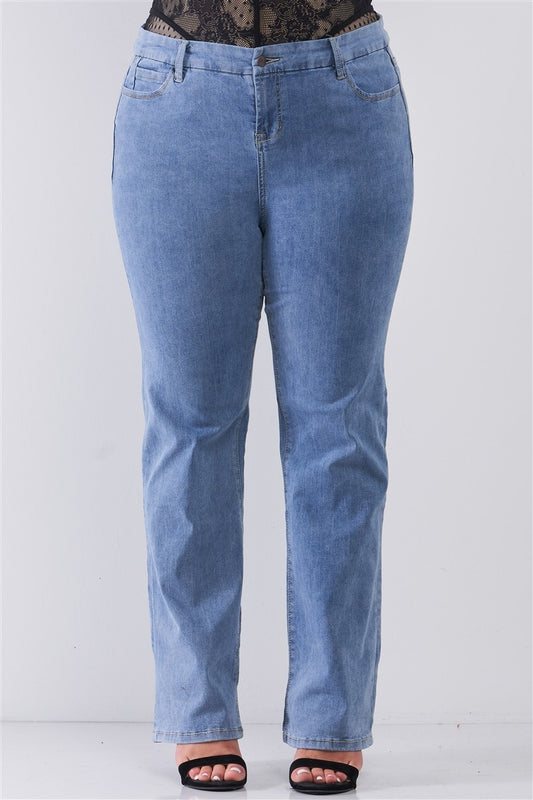 Plus Mid-wash Blue Denim Low-rise Wide-leg Upsized Basic Dad Jeans