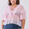 Plus Sheer Mesh Ruffle Lace-up V-neck Detail Wide Sleeve Relaxed Top