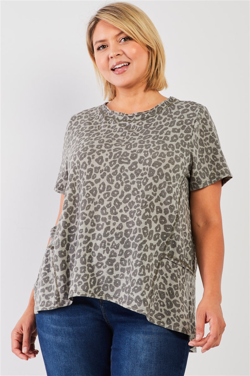 Plus Sage Washed Effect Leopard Print Short Sleeve Round Neck Raw Hem & Exposed Stitching Trim Relaxed Top