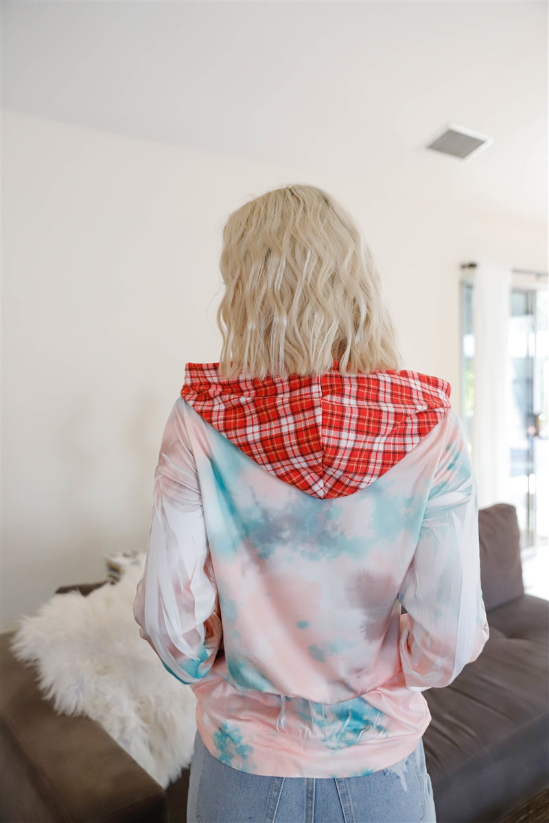 Feather & Tie-dye Print Contrast Plaid Hood Sweater