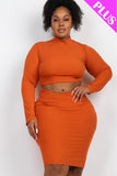 Plus Size Ribbed Mock Neck Crop Top & Midi Skirt Set