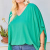 V Neck Dolman Sleeves Front Waist Elastic Solid Top