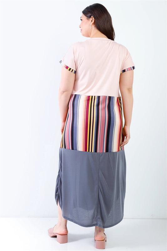 Plus Pink Print Colorblock Maxi Dress