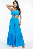 Solid Tie Front Spaghetti Strap Tank Top And Tiered Wide Leg Pants Two Piece Set