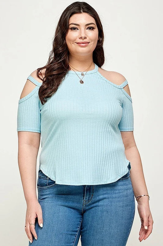 Plus Size, Solid Ribbed Cold Shoulder Top