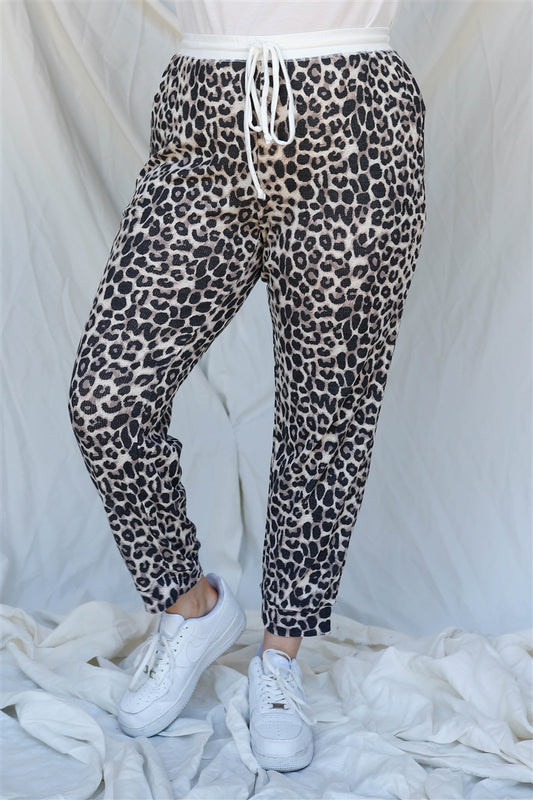 Plus Brown Leopard Print Two Pocket Joggers Pants