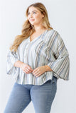 Plus Light Blue Stripe Print Cotton Button-up Flare Hem Top