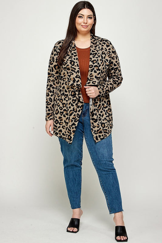 Plus Size, Animal Leopard Printed Knit Cardigan