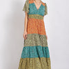 Ditsy floral color block v-neck split button up maxi dress