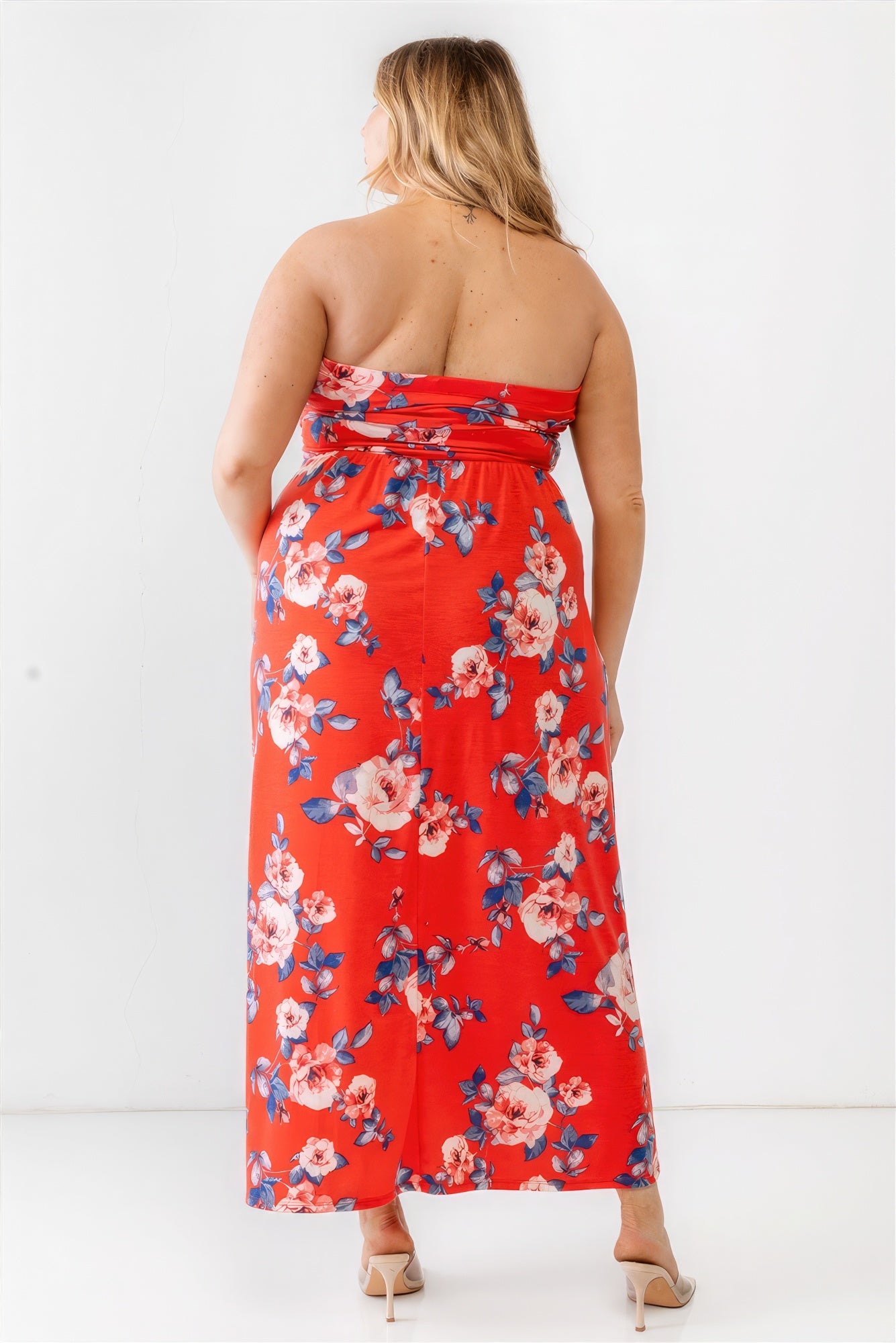 Plus Red Rose Print Ruched Strapless Midi Dress