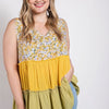Floral Color Block Ruffle Detail Tiered V-neck Top