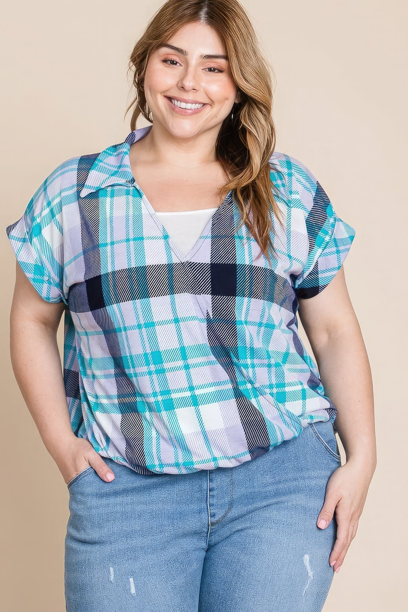 Plus Size Multi Colored Check Printed Casual Collared Short Sleeve Top