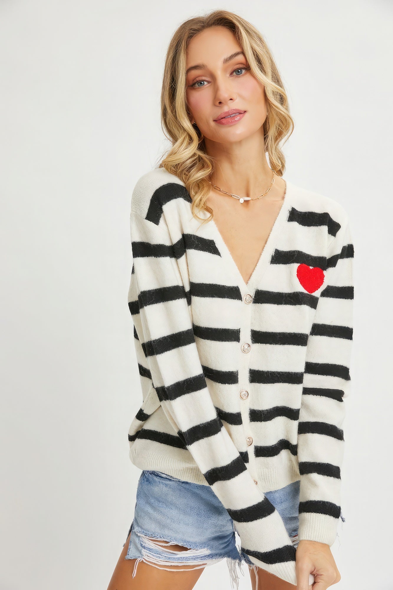 Striped Cardigan With Heart Patch