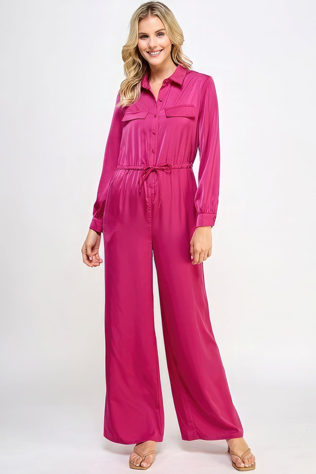 Long Sleeve Jumpsuit With Waist Drawstring