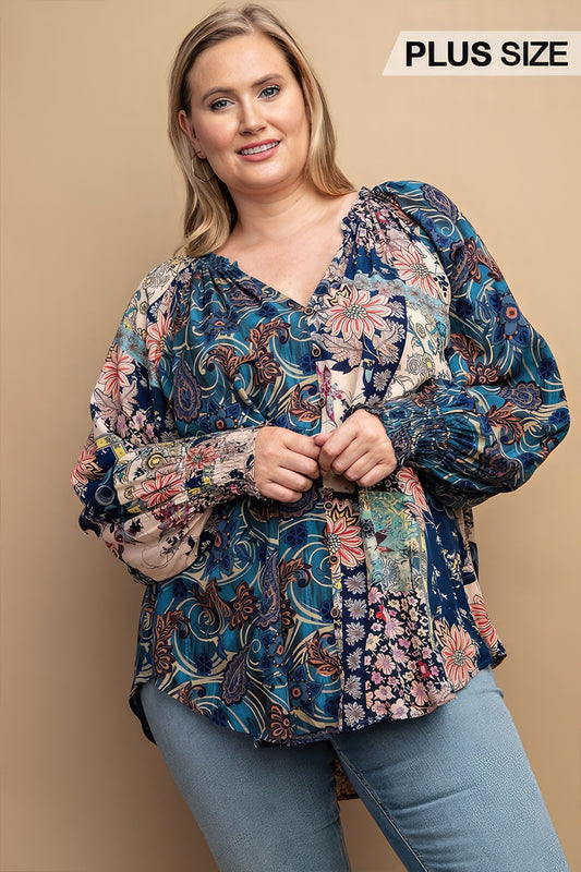 Mixed Print Front Button Long Sleeve Top