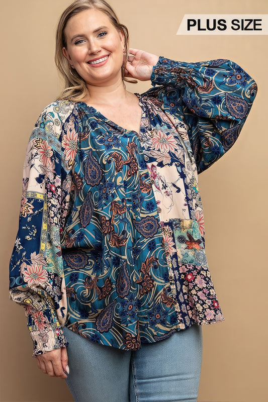 Mixed Print Front Button Long Sleeve Top