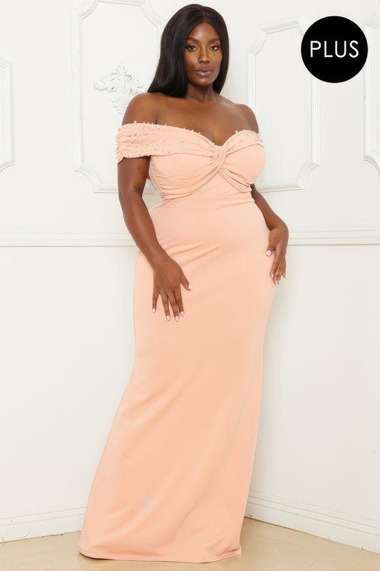 Pearl Bead Off The Shoulder Plus Size Maxi Dress