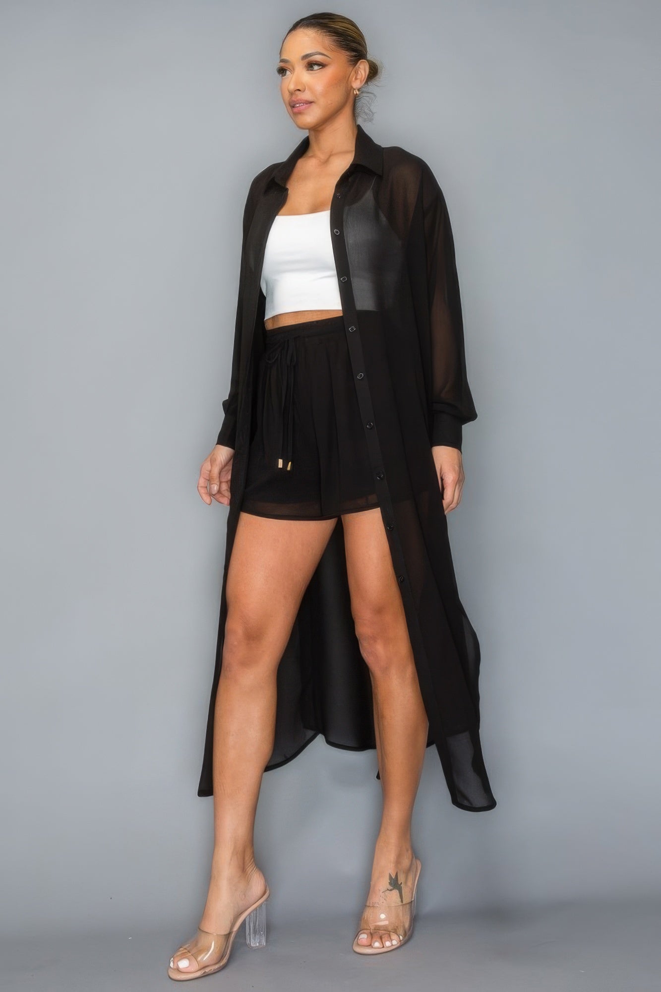 Chiffon Button Down Long Sleeve Side Slit Long Top With Short Set