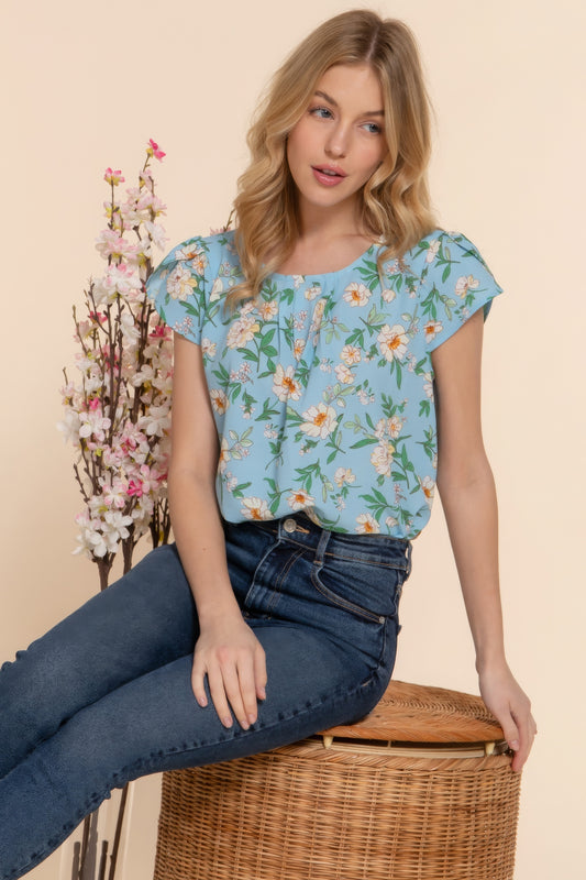 Short Tulip Slv Floral Print Woven Top