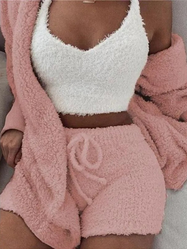Fluffy Pajamas Set for Women Casual Sleepwear Tank Top and Shorts plus Size Hoodie Leisure Homsuit Winter 3 Pieces Pijamas