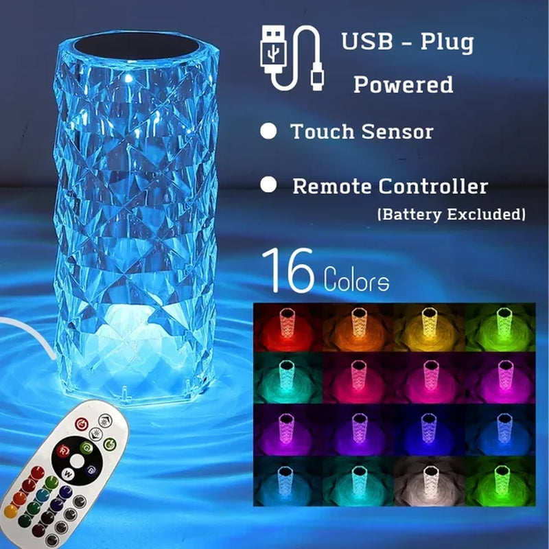 LED Crystal Rose Table Lamp USB Rechargeable 16 Color Touch Romantic Diamond Night Lamp Home Decoration Ambient Light Bedroom