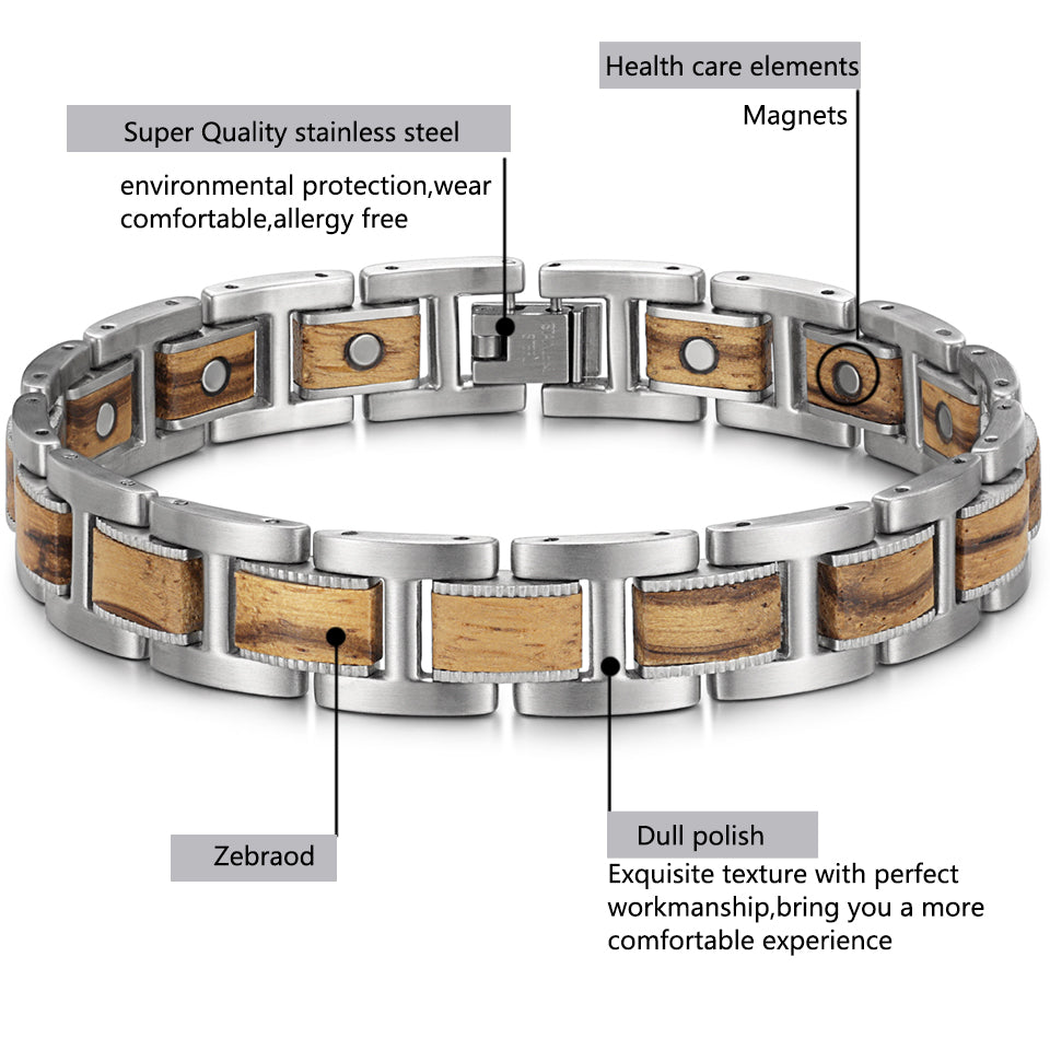 Men’s High Gauss Stainless Steel Zebrawood Effective Magnetic Bracelets Benefits