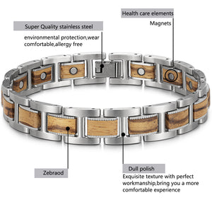 Men’s High Gauss Stainless Steel Zebrawood Effective Magnetic Bracelets Benefits